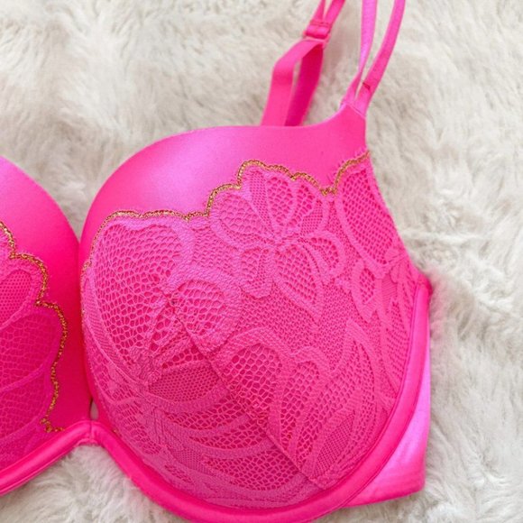 La Senza Bright Hot Pink Gold Accent Floral Lace Push Up Bra 32DD - Picture 2 of 4